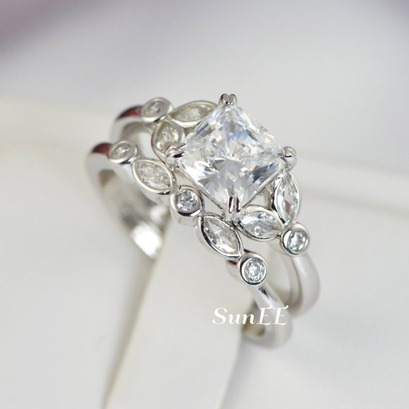 14k WHITE GOLD 925 STERLING SILVER PRINCESS CUT WEDDING BAND ENGAGEMENT RING - Picture 10 of 11